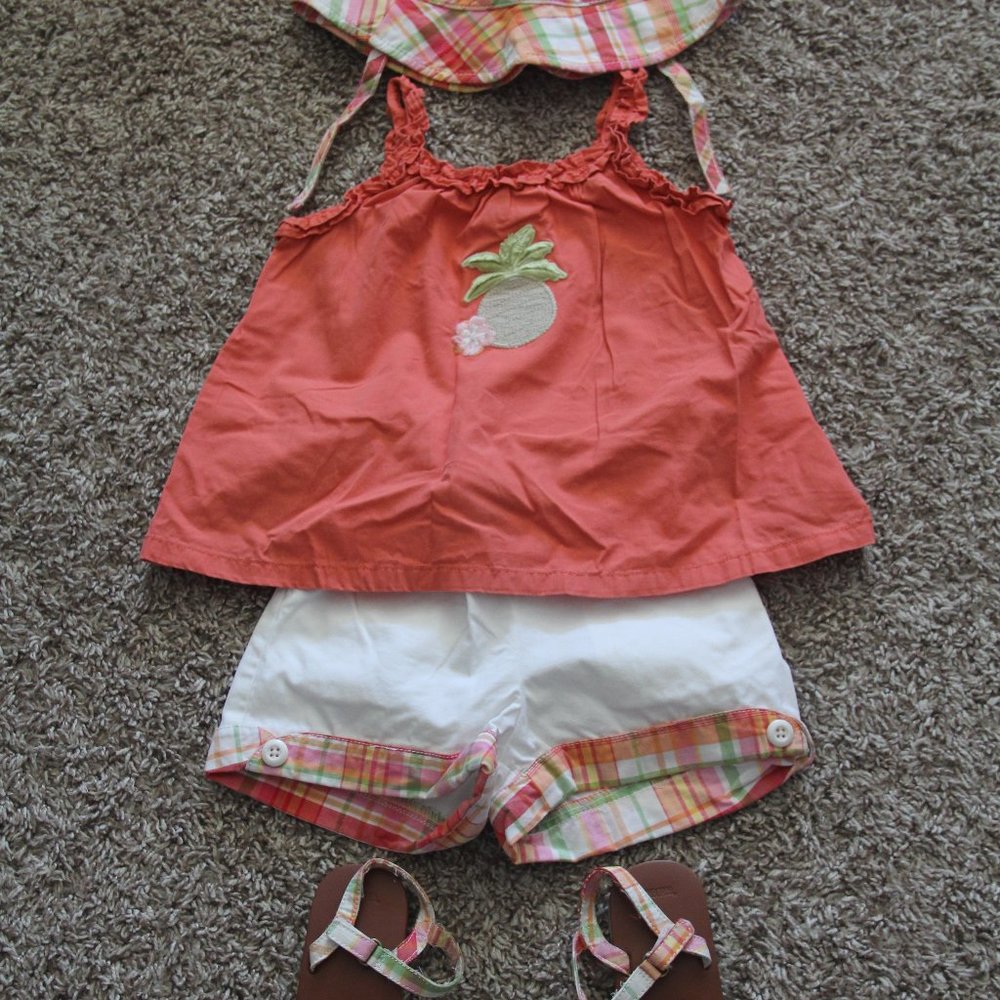 Gymboree Girls 2T Pineapple Plaid Short Set with Hat/Sandals - Used Outfit
